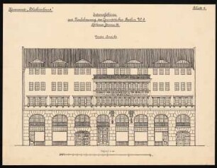 Geschäftshaus des Verbandes der Baugeschäfte Berlins und den Vororten, Berlin-Tiergarten: 2. Entwurf: Vorderansicht 1:100