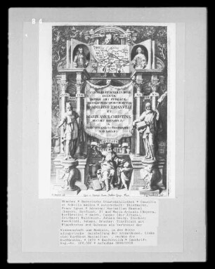 Consilia et Scholia medica — Titelblatt mit Hippokrates und Galenus als Vertreter der Wissenschaft und Medizin, in der Mitte allegorische Darstellung der Arzneikunst. Links oben Kurfürst Maximilian, rechts die Kurfürstin.