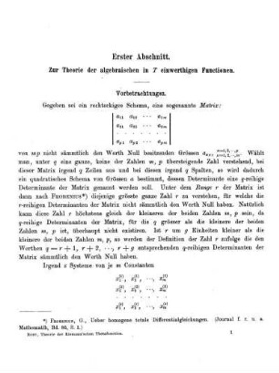Erster Abschnitt - Zur Theorie der algebraischen in T einwerthigen Functionen.