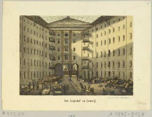 Der Städtische Lagerhof am Blücherplatz (heute Westseite Willy-Brandt-Platz) im Norden von Leipzig zwischen Thüringer und Magdeburger Bahnhof, Reihe Leipziger Ansichten von Adolph Werl