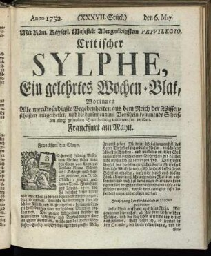 (XXXVII. Stück.) den 6. May. Anno 1752.
