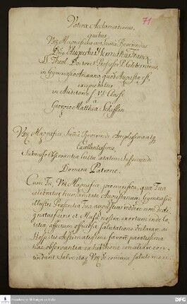Begrüßungsreden von Georg Matthias Schifflin, Gottfried v. Stetten, Johann Georg Neuhofer und Jeremias Neuhofer für August Hermann Francke im Gymnasium bei St. Anna Augsburg.