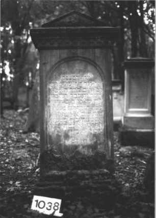 Grabstein 1038 (Index: 99899639) Material: Sandstein Zustand: angewittert Maße HxBxT: 148x65x33 cm Beschreibung: aufgesockelte Stele mit Giebelabschluss, im Giebelfeld Blüte, darunter Zinnenfries Symbolik: Blüte Zinnenfries: Grabstein 1038