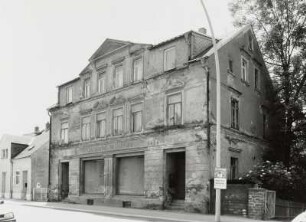 Olbernhau, Wohnhaus : Olbernhau. Wohnhaus mit Ladeneinbau (um 1875) und Hausinschrift "Oscar Wildner, Freiberger Straße 35. Straßenansicht