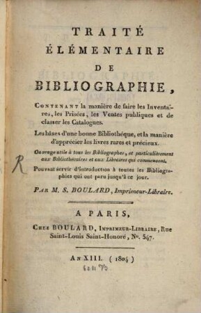 Traité élémentaire de bibliographie