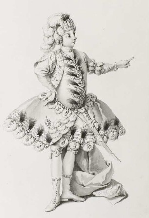 Venturo Rocchetti, genannt Venturini, als Amilcare in "Attilio Regolo" von Metastasio und Hasse. Hoftheater Dresden, Uraufführung 12. Januar 1750. Federzeichnung von F. Ponte, Blatt 7 in: Vestiarium der Oper "Attilio Regolo". Dresden: Kupferstich-Kabinett Ca 103