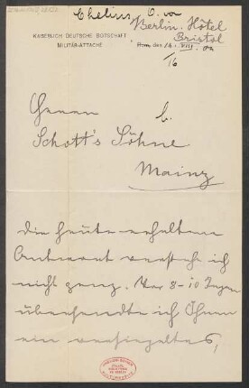 Brief an B. Schott's Söhne : 14.08.1904