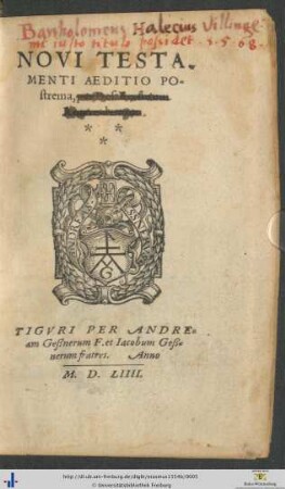 NOVI TESTAMENTI AEDITIO POstrema, per Des. Erasmum Roterodamum