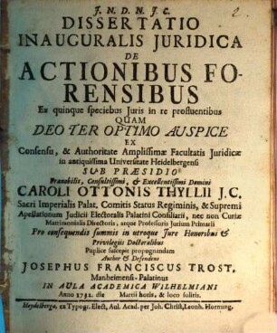 Diss. inaug. iur. de actionibus forensibus, ex quinque speciebus iuris in re profluentibus