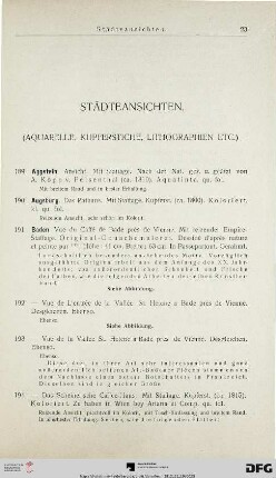 Städteansichten. (Aquarelle, Kupferstiche, Lithographien etc.) (Nr. 189-457)