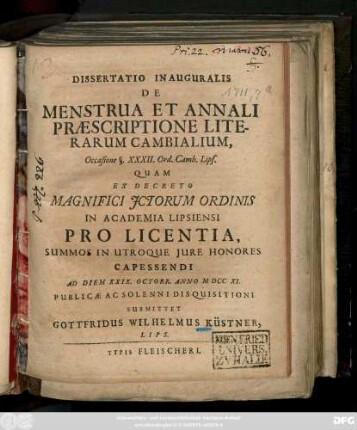 Dissertatio Inauguralis De Menstrua Et Annali Præscriptione Literarum Cambialium, Occasione §. XXXII. Ord. Cab. Lips.