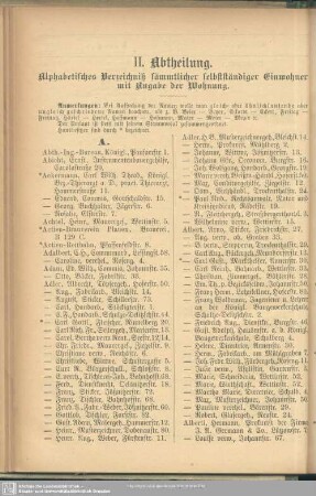 II. Abtheilung. Einwohnerverzeichnis : II. Abtheilung. Alphabetisches Verzeichniß sämmtlicher selbständiger Einwohner mit Angabe der Wohnung