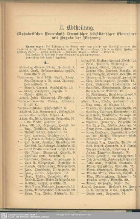 II. Abtheilung. Einwohnerverzeichnis : II. Abtheilung. Alphabetisches Verzeichniß sämmtlicher selbständiger Einwohner mit Angabe der Wohnung