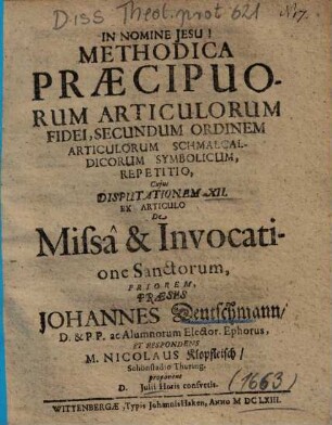 De Missâ & Invocatione Sanctorum, Priorem