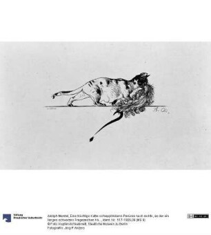 Eine trächtige Katze schleppt Adams Perücke nach rechts, an der ein langes schwarzes Fragezeichen hängt, zu Heinrich von Kleist "Der Zerbrochene Krug"