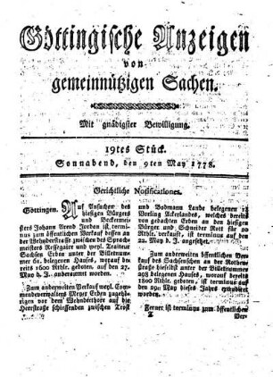 19tes Stück. Sonnabend, den 9ten May 1778.