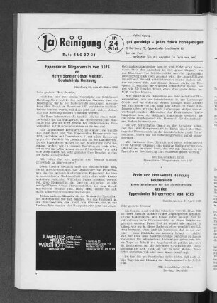 Freie und Hansestadt Hamburg Baubehörde Erster Baudirektor für das Ingenieurwesen an den Eppendorfer Bürgerverein von 1875