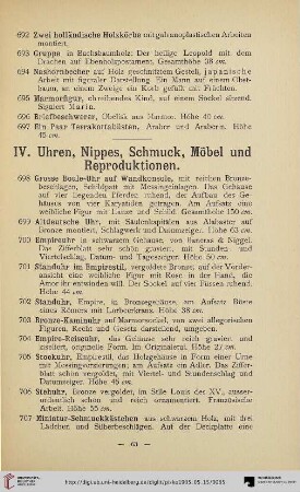 IV. Uhren, Nippes, Schmuck, Möbel, und Reproduktionen (Nr. 698-751)
