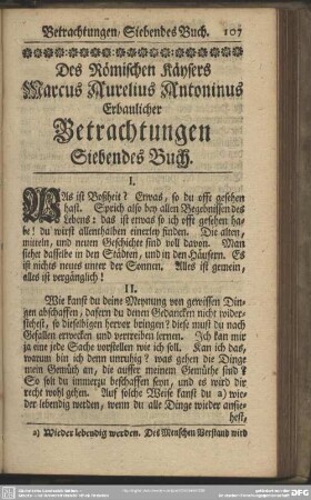 Des Römischen Käysers Marcus Aurelius Antonius Erbaulicher Betrachtungen. Siebendes Buch