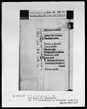 Niederdeutsches Stundenbuch (Lüning-Bergheim-Gebetbuch) — Kalenderseite, November 2. Hälfte, Folio 11verso