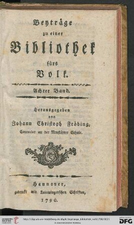 Beyträge zu einer Bliothek fürs Volk. Achter Band