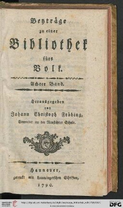 Beyträge zu einer Bliothek fürs Volk. Achter Band