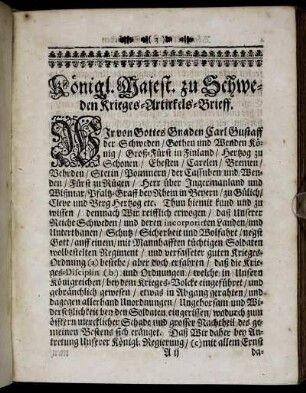 Königl. Majest. zu Schweden Krieges- Artickel-Brieff.