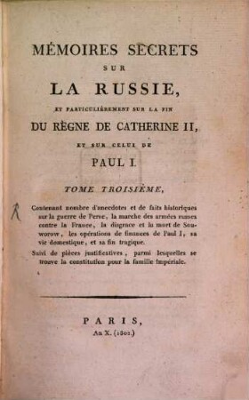Mémoires secrets sur la Russie : et particulièrement sur la fin du règne de Catherine II. et sur celui de Paul I., 3