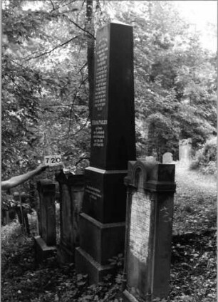 Grabstein 720 (Index: 99802146) Material: Granit, poliert Zustand: gut Maße HxBxT: 320x60x50 cm Beschreibung: mehrfach getreppter Sockel, Obelisk Besonderheit: längerer Text, Endreim: Grabstein 720