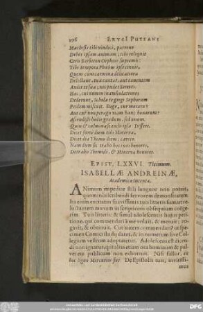 Epist. LXXVI. Ticinum. Isabellae Andreinae, Academicae Intentae.