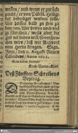 Deß Fünfften Schreibens Beytrag