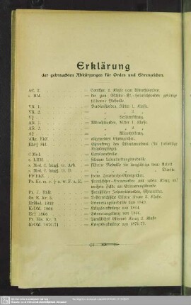 Erklärung der gebrauchten Abkürzungen für Orden und Ehrenzeichen