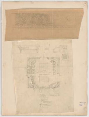 Thiersch, Friedrich von; Wiesbaden; Kurhaus - 1. Zeichnung: Dekoration (Detail) 2. Zeichnung: Billardzimmer (Möblierungsplan); Möbel (Ansichten)
