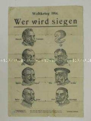 Deutsches Propaganda-Faltblatt mit Karikaturen führender Staatsmänner der Entente und ihrer Verbündeten im 1. Weltkrieg