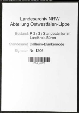 Sterberegister Standesamt Dalheim-Blankenrode