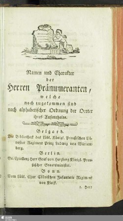 Namen und Charakter der Herren Pränumeranten, welche noch zugekommen sind nach alphabetischer Ordnung der Oerter ihres Aufenthalts