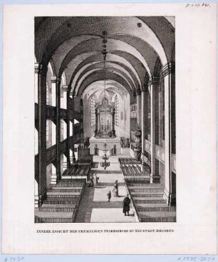 Der Innenraum der Dreikönigskirche in Dresden-Neustadt mit Blick zum Altar, alter Bau am Neustädter Markt von 1688 bis 1730, aus den Abbildungen zur Chronik Dresdens von 1835
