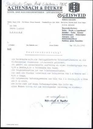 Firmenbriefkopf Achenbach & Deuker, AGD, Eisen- Blechwarenfabrik - Apparatebau