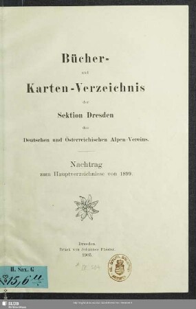 1899, Nachtr.(1905): Bücher- und Karten-Verzeichnis