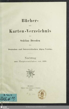 1899, Nachtr.(1905): Bücher- und Karten-Verzeichnis