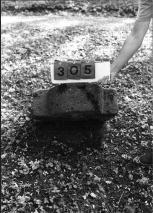 Grabstein 305 (Index: 99791377) Zustand: umgestürzt Maße HxBxT: 70x57x17 cm: Grabstein 305