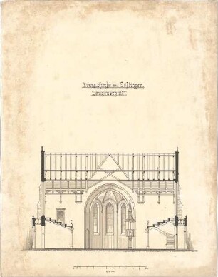 Dolmetsch, Heinrich; Ulm - Söflingen; Christuskirche mit Pfarrhaus - Längsschnitt