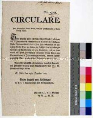 Zirkular des Kreisamtes St. Pölten über die Berufung von Baron von Kerpen zum kommandierenden Gereral in Innerösterreich; Sankt Pölten, 13. Dez. 1807