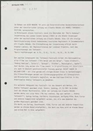 Für die Pressekonferenz: Ankündigung des "Andrej Tarkovskij-Festivals" unter der künstlerischen Leitung von C. Abbado