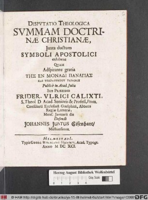 Disputatio Theologica Summam Doctrinae Christianae, Iuxta ductum Symboli Apostolici exhibens
