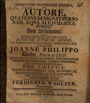 Dissertatio Inauguralis Iuridica, De Autore, Quatenus Designat Personam, A Qua Aliquid Accepimus : = Vom Wehrmanne