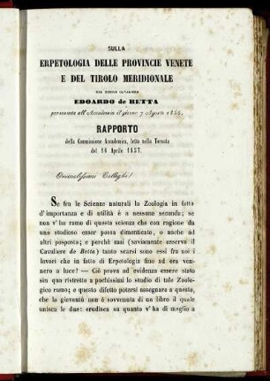 Sulla Erpetologia delle Provincie Venete e del Tirolo Meridionale... Rapporto della Commissione Accademica...