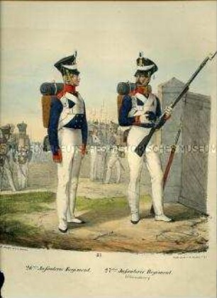 Uniformdarstellung, Infanterist des 26. Infanterie-Regiments, Unteroffizier des 27. Infanterie-Regiments, Preußen 1830. Aus: Elzholz u.a.: Das Preussische Heer. Tafel 37.