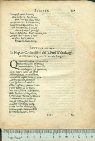 Epithalamion In Nuptias Consultissimi viri D. Petri Walenburgij, & lectissimæ Virginis Geertrudæ Langiæ.