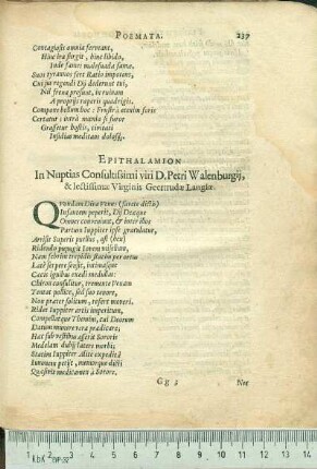 Epithalamion In Nuptias Consultissimi viri D. Petri Walenburgij, & lectissimæ Virginis Geertrudæ Langiæ.